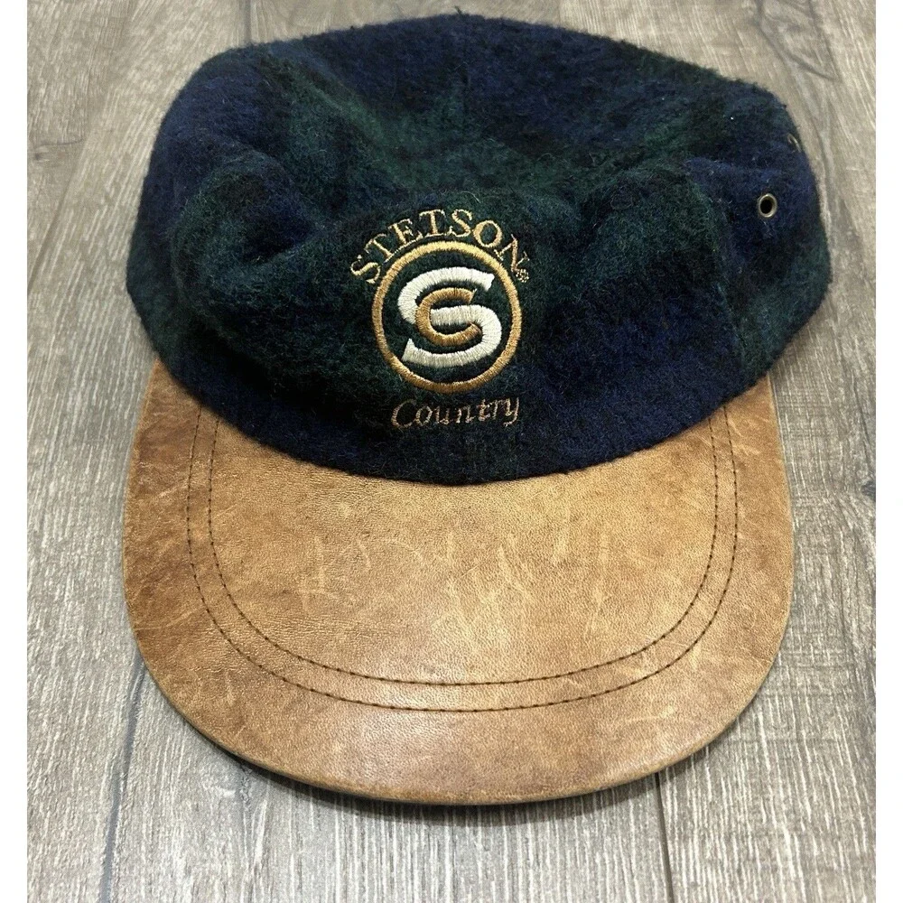 Vintage Stetson Country Wool Plaid Leather Strapback Hat Cap Blackwatch USA